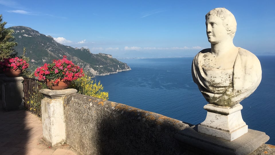 Marble bust on the Terrace of Infinity at Villa Cimbrone, high above the sea at Ravello
