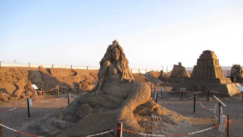 Sand sculptures displayed at Sandland on Lara Beach
