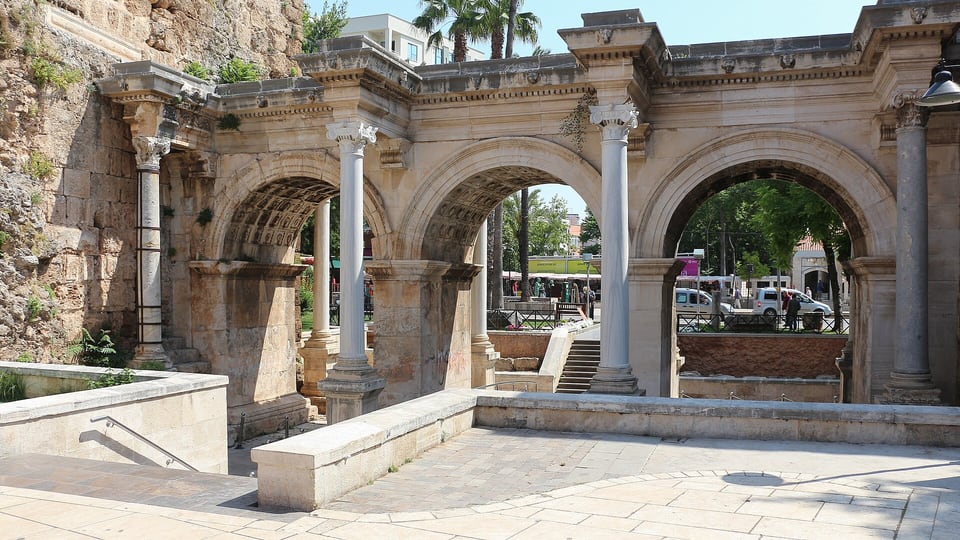 Three stone arches of Hadrian’s Gate in Antalya