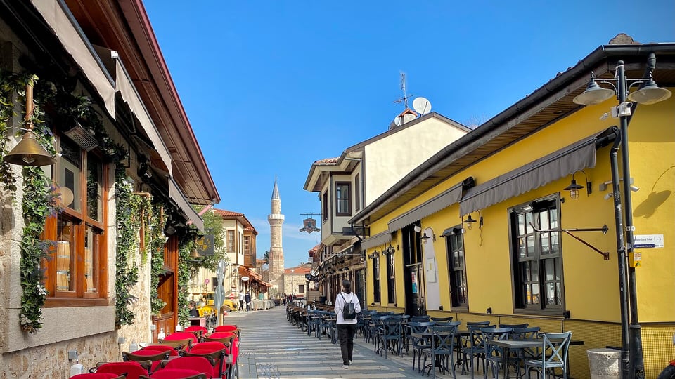 Colourful buildings and a pedestrian street in Antalya Kaleiçi