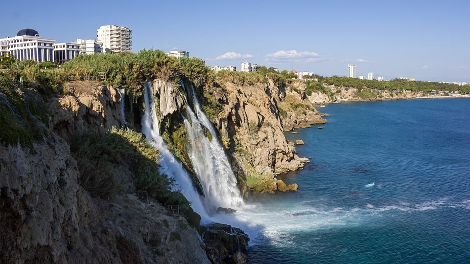 Lower Düden Waterfall dropping from Antalya cliffs into the sea