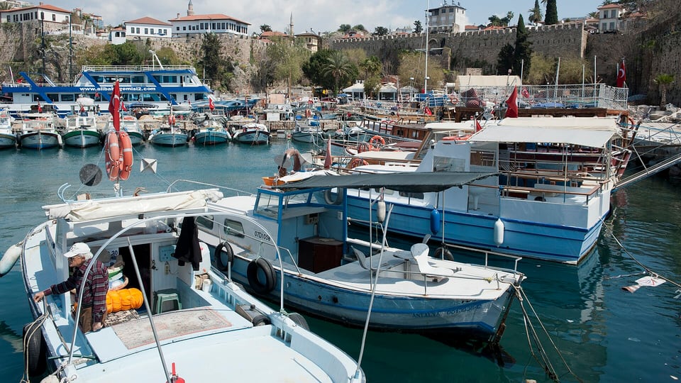 Boats and buildings around Antalya old harbour