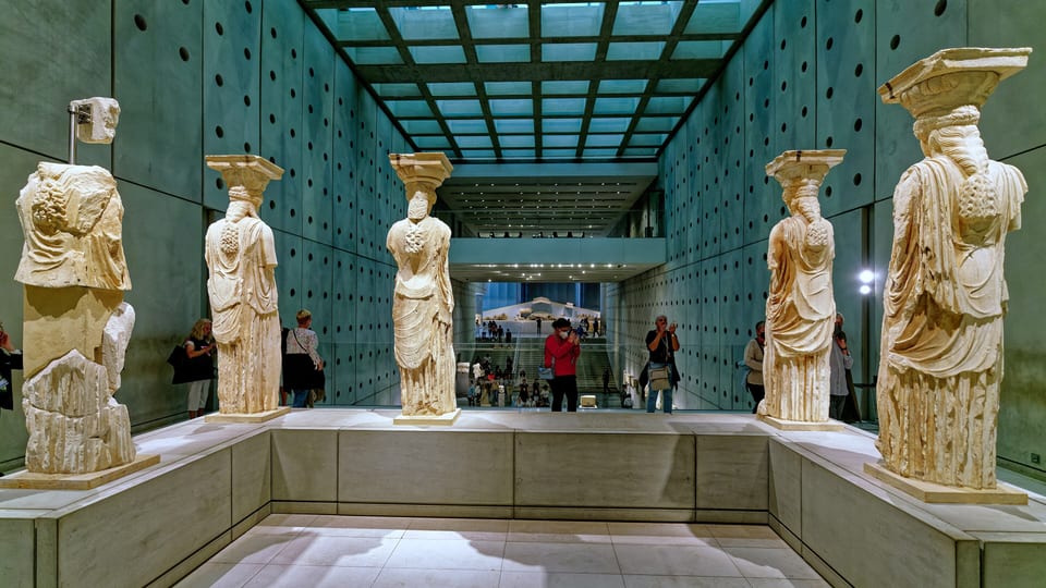 The Caryatid statues displayed in the gallery of the Acropolis Museum in Athens