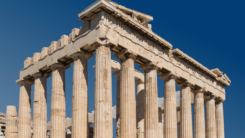 Southeast view of the Parthenon's marble columns on the Acropolis of Athens