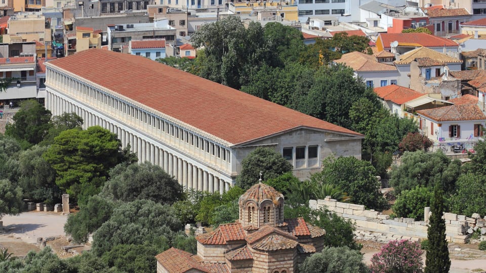 The reconstructed Stoa of Attalos and the Church of the Holy Apostles in the Ancient Agora, seen from the Acropolis