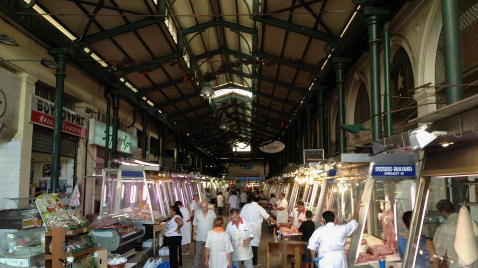 Butchers' stalls under the iron roof of the meat hall in Varvakios Central Market, Athens