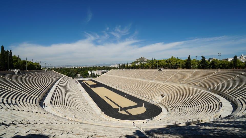 The marble tiers and track of the Panathenaic Stadium in Athens seen from the upper seats