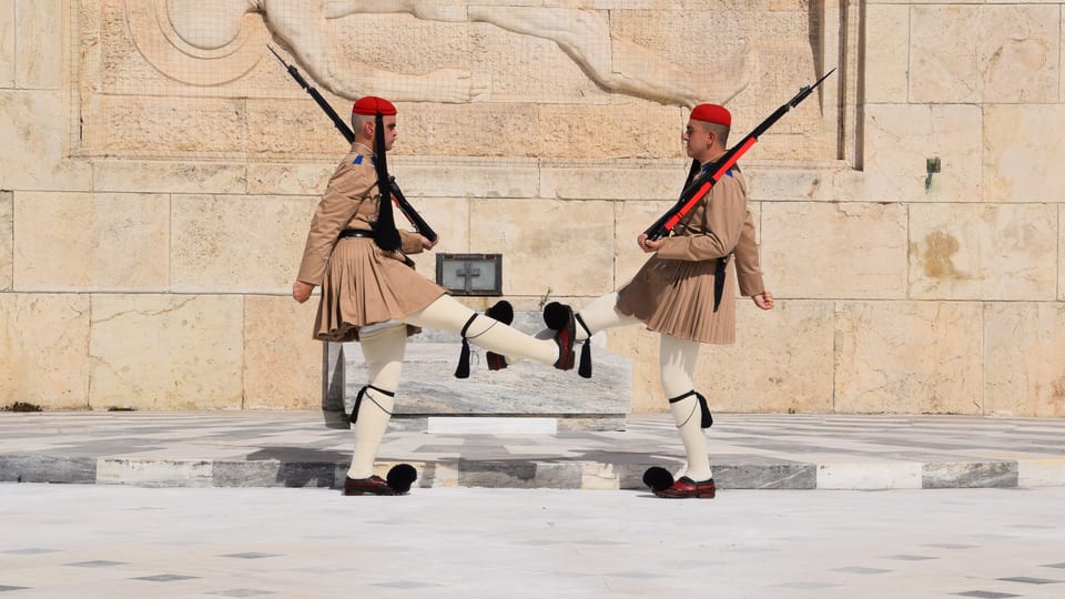 Two Evzones of the Presidential Guard changing the guard at the Tomb of the Unknown Soldier, Syntagma