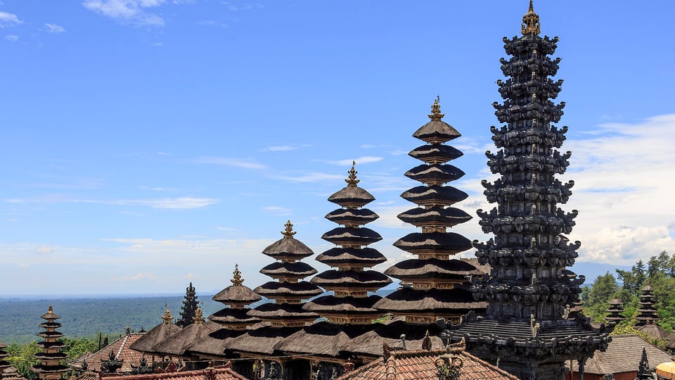 Temple roofs at Besakih below Mount Agung