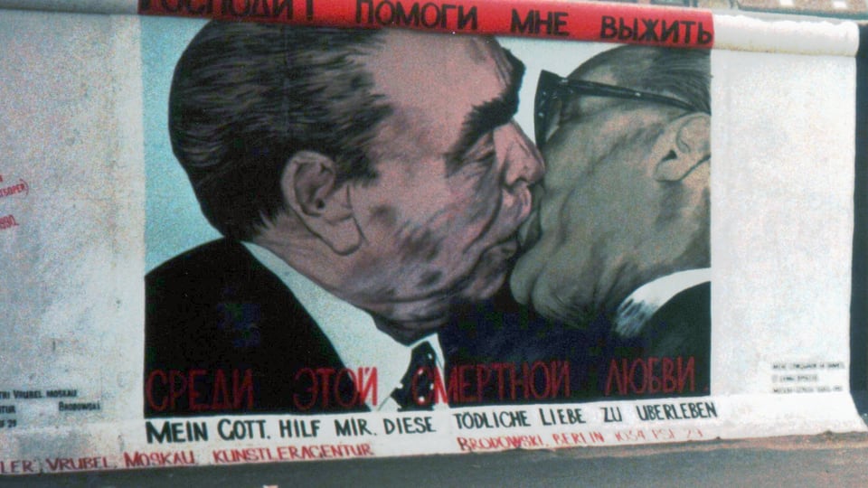 A mural on the East Side Gallery, the longest surviving stretch of the Berlin Wall