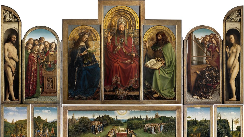 The open Ghent Altarpiece by Hubert and Jan van Eyck in Saint Bavo's Cathedral, Ghent