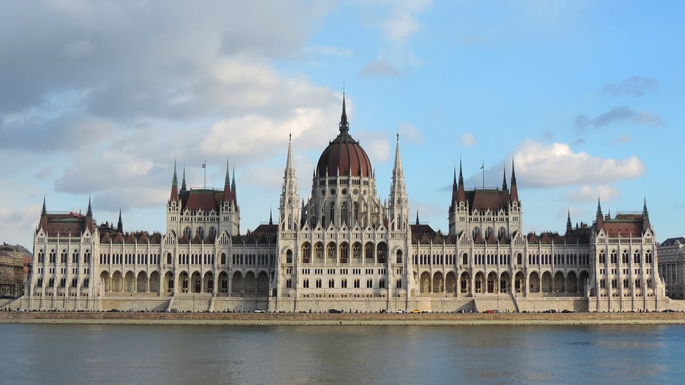 The Hungarian Parliament Building seen across the Danube in Budapest