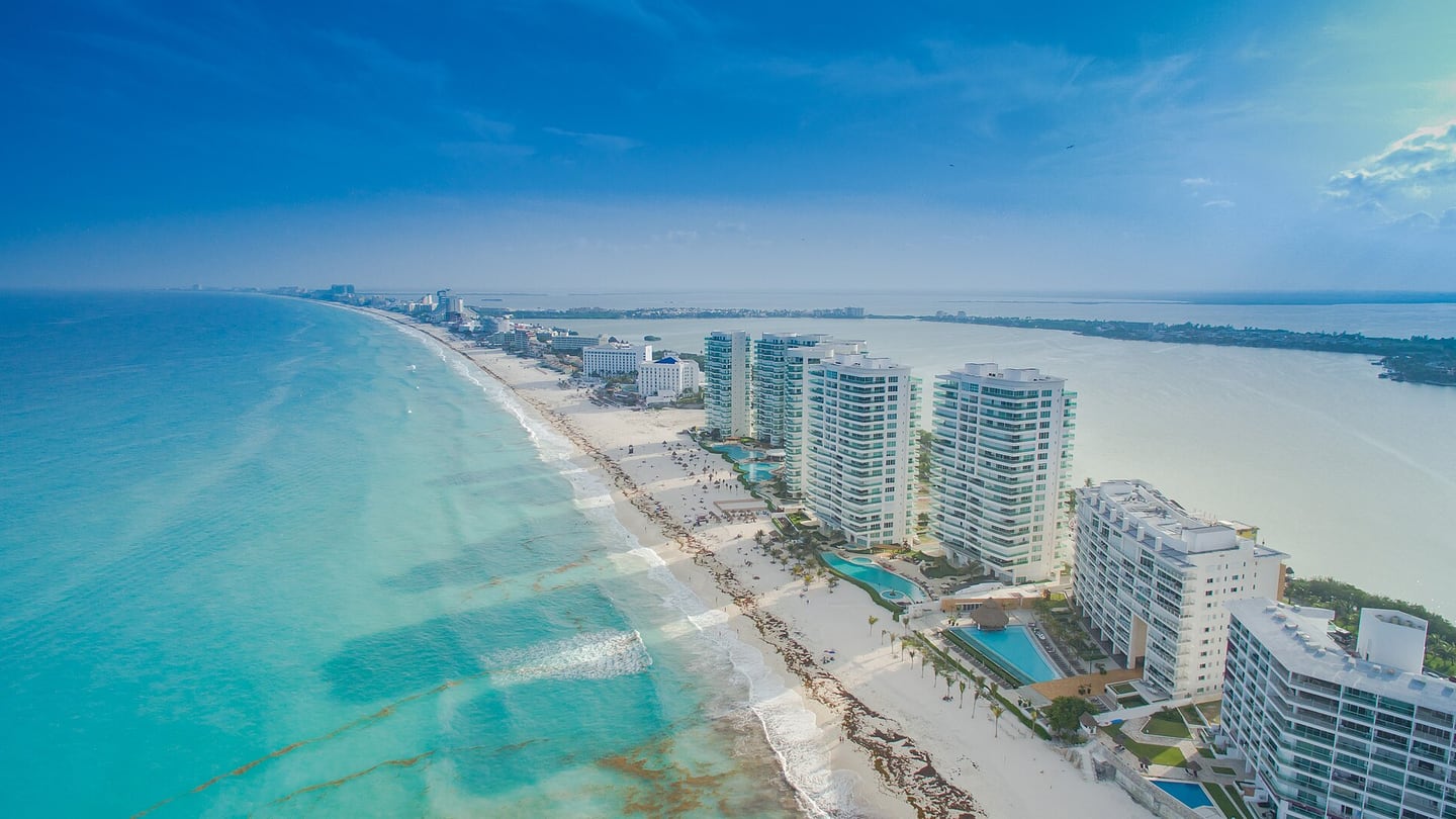 Aerial view of Cancún beach and coastal hotels