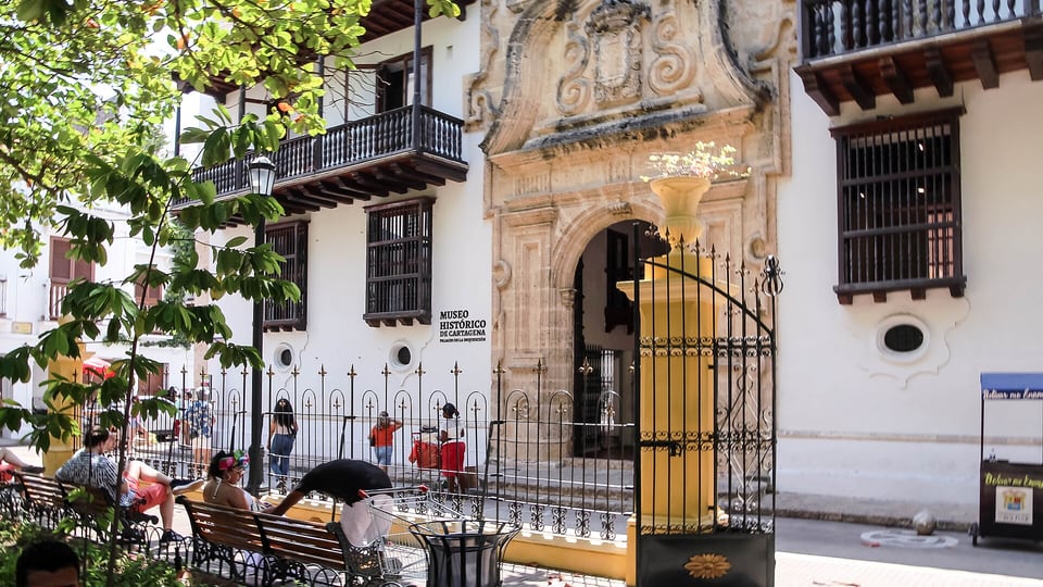 The carved stone doorway of the Palace of the Inquisition on Plaza de Bolívar, Cartagena