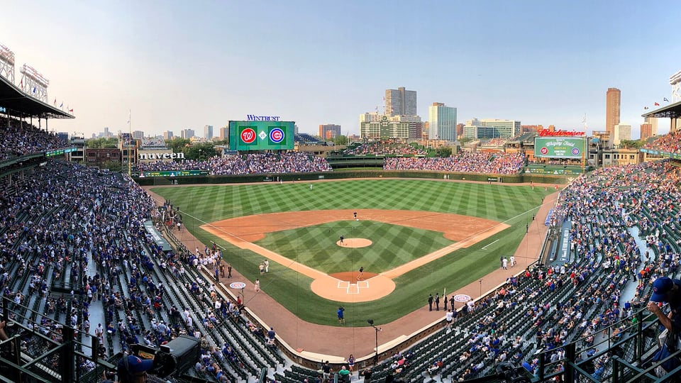 Wrigley Field seating bowl and outfield during a Cubs game