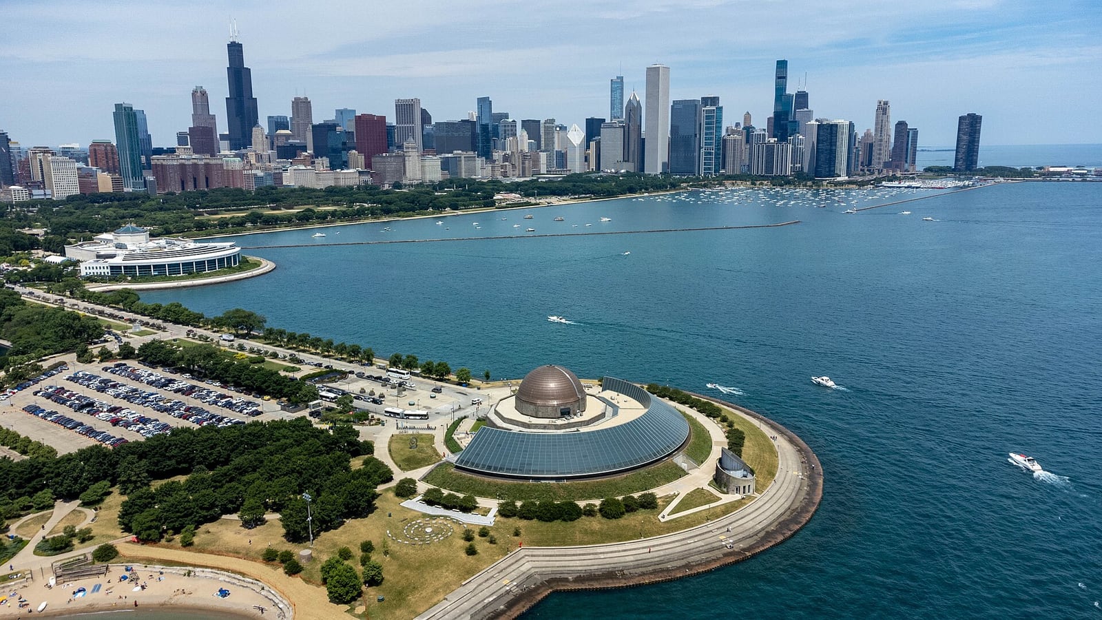 Chicago skyline above Lake Michigan beyond the Adler Planetarium