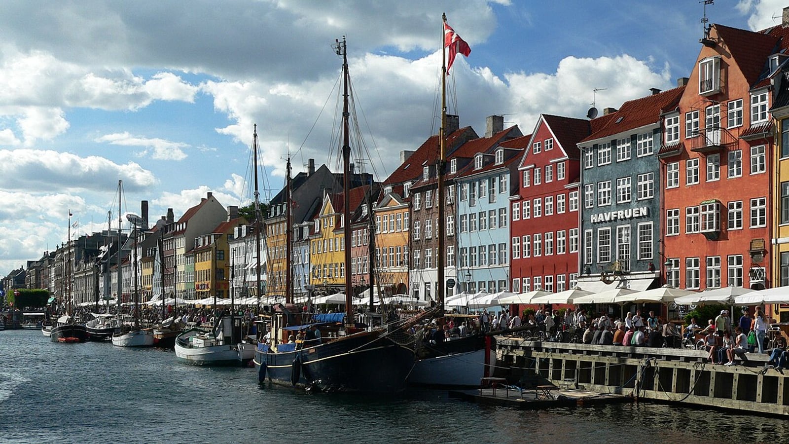 Panoramic view of Nyhavn, Copenhagen’s 17th-century canal harbor lined with colorful townhouses