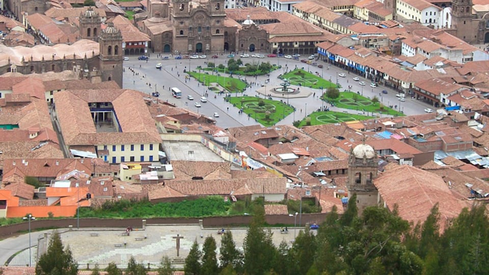 Cusco's Plaza de Armas, origin point of the four main roads of the Inca road system