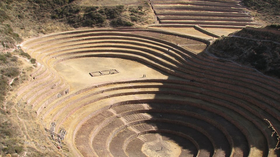 Moray's circular terraces, descending roughly 30m as a likely Inca agricultural research site