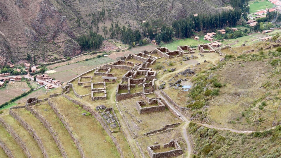 Pisac's Inca terraces in the Sacred Valley, with a cemetery of more than 2,000 tombs cut into the cliffside