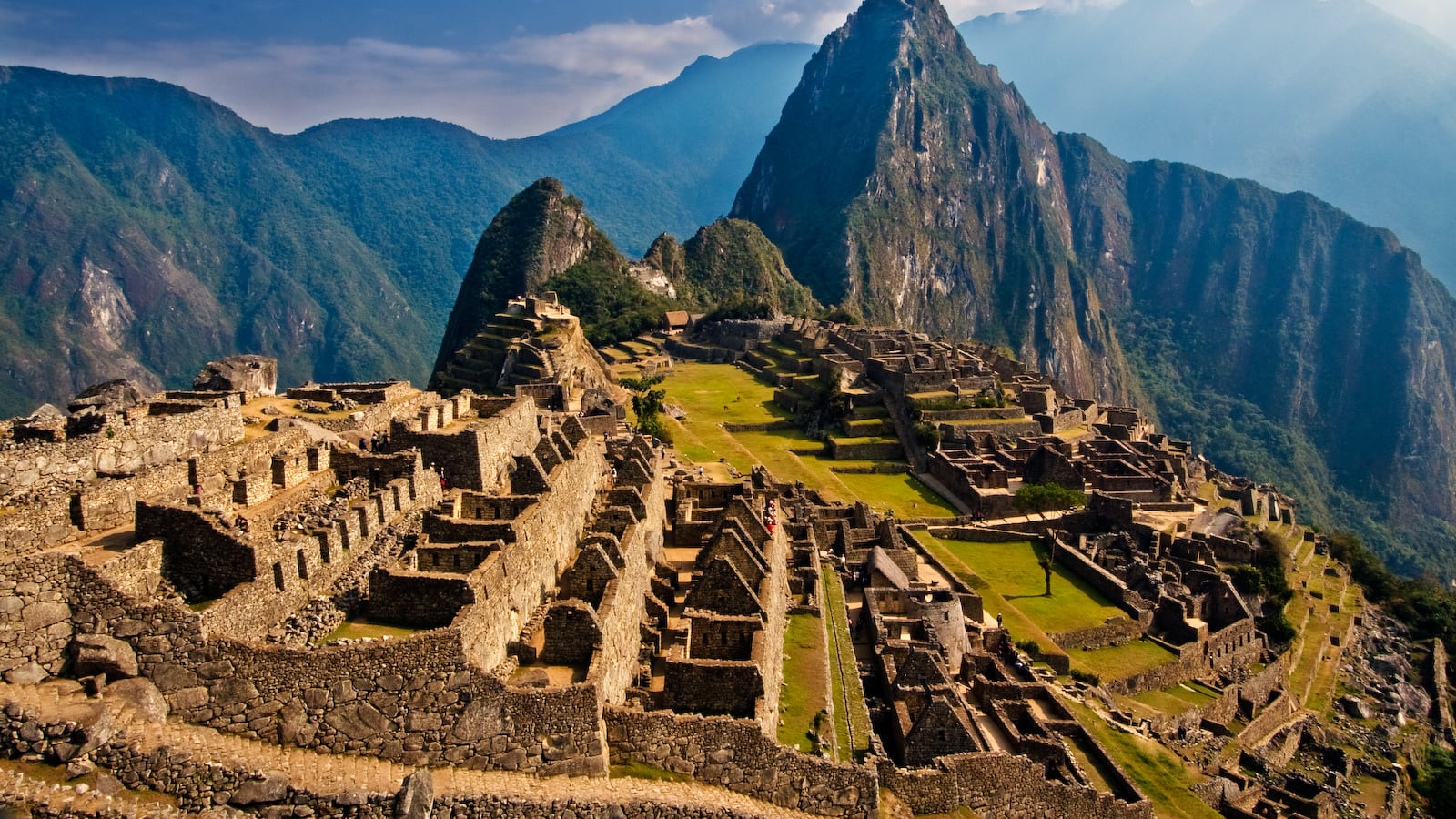 The classic overlook view of Machu Picchu, the 15th-century Inca citadel above the Urubamba River
