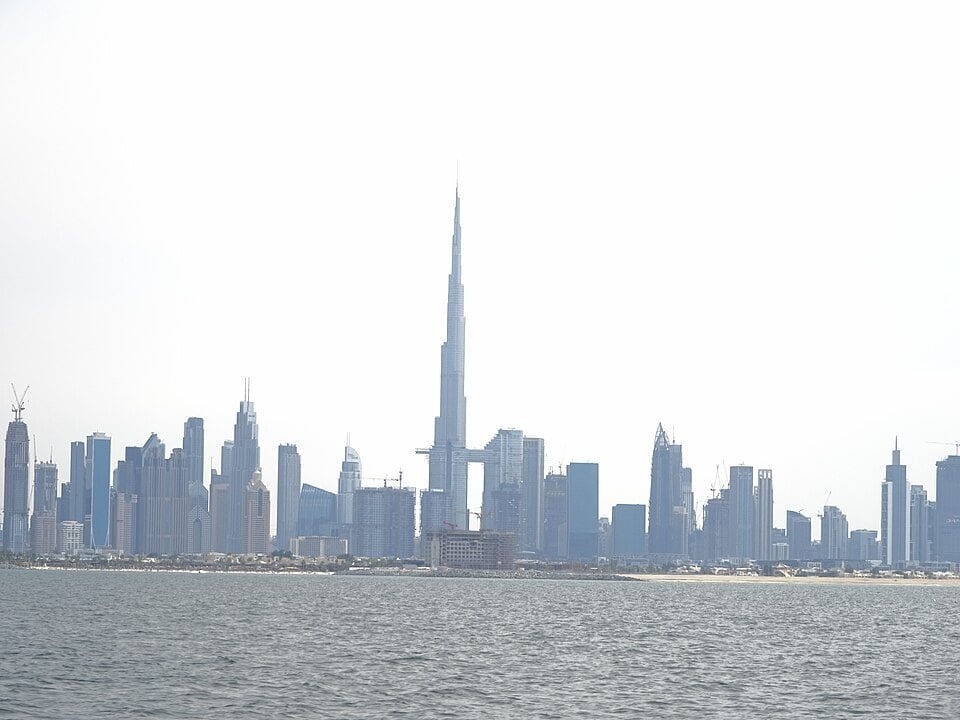 Burj Khalifa and the Dubai skyline viewed from the sea