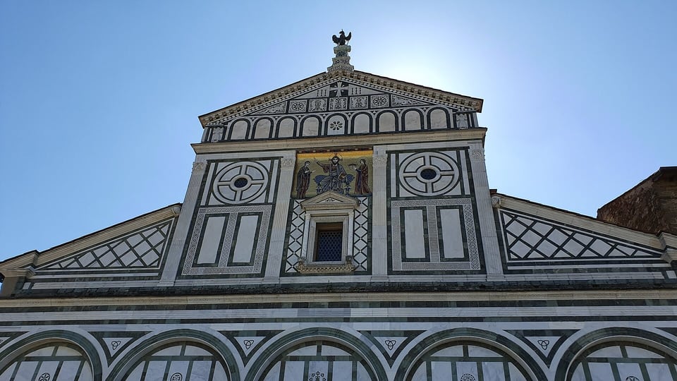 Green and white marble façade of San Miniato al Monte, the church above Piazzale Michelangelo