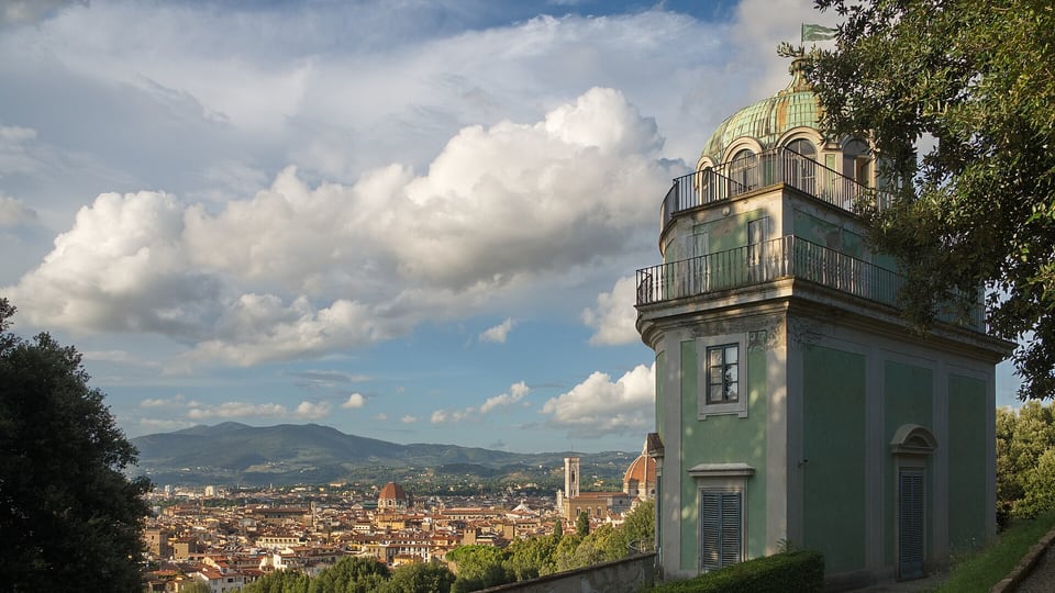 The Kaffeehaus pavilion in the Boboli Gardens above the rooftops of Florence