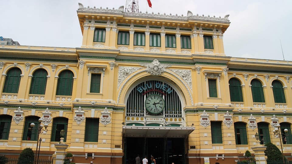The Saigon Central Post Office, completed in 1891, next to Notre-Dame Cathedral Basilica