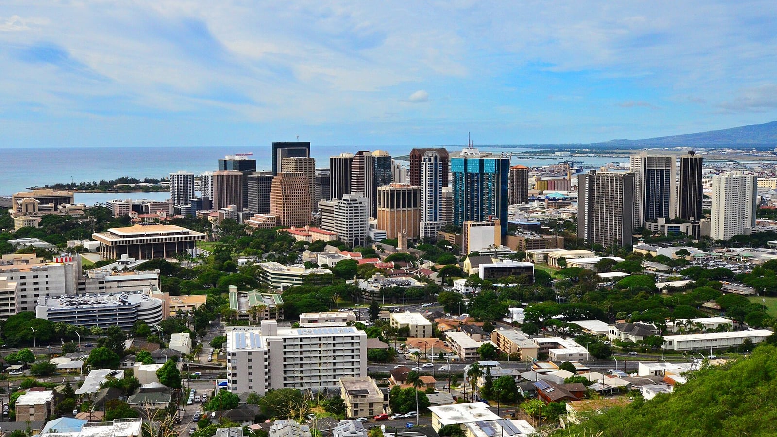 Downtown Honolulu office towers and the harbor seen from the hills above the city