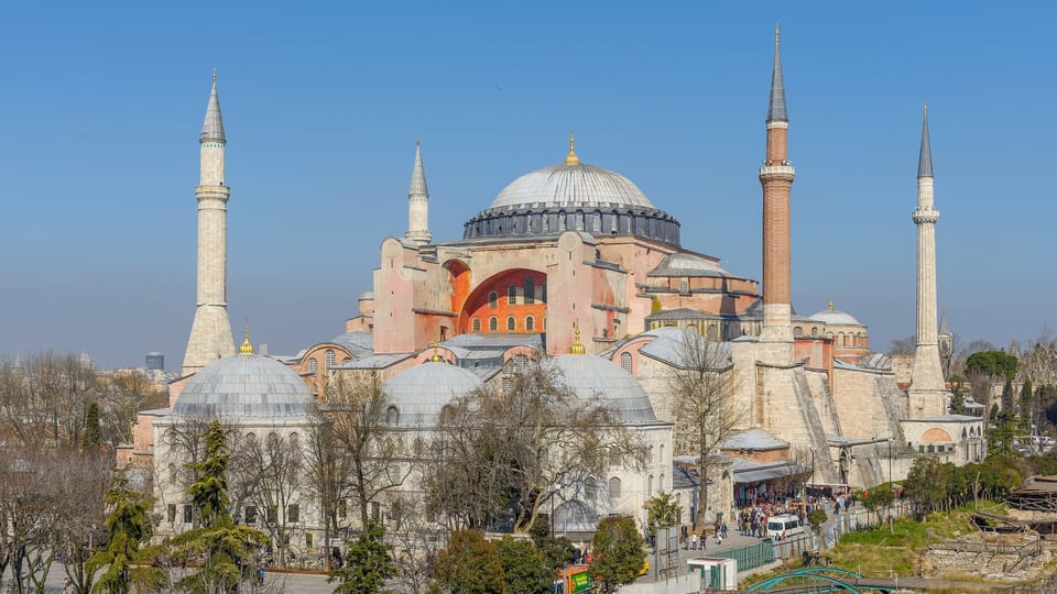 Hagia Sophia's great dome, buttresses and four minarets in Istanbul