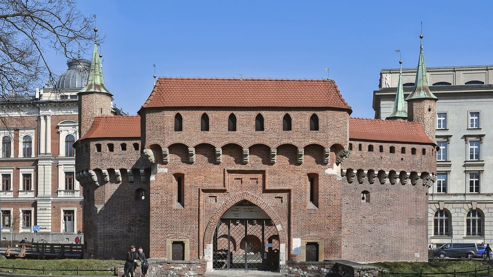 The circular fifteenth-century Barbican, one of the few intact examples of its kind of medieval fortification left in Europe