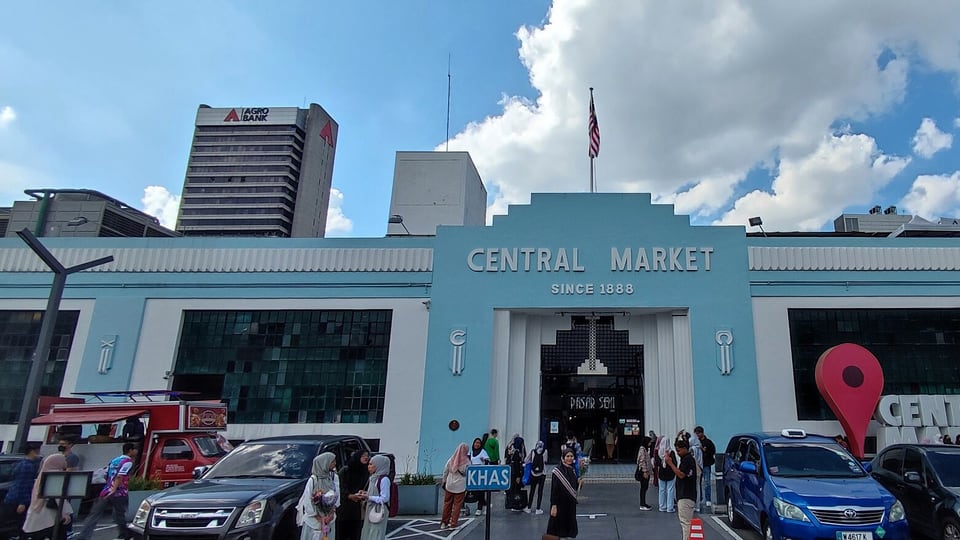 Blue and white art deco façade of Central Market Kuala Lumpur