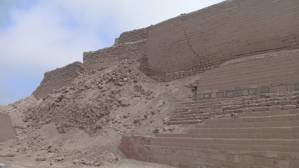 Terraced adobe walls of the Temple of the Sun at Pachacamac, south of Lima