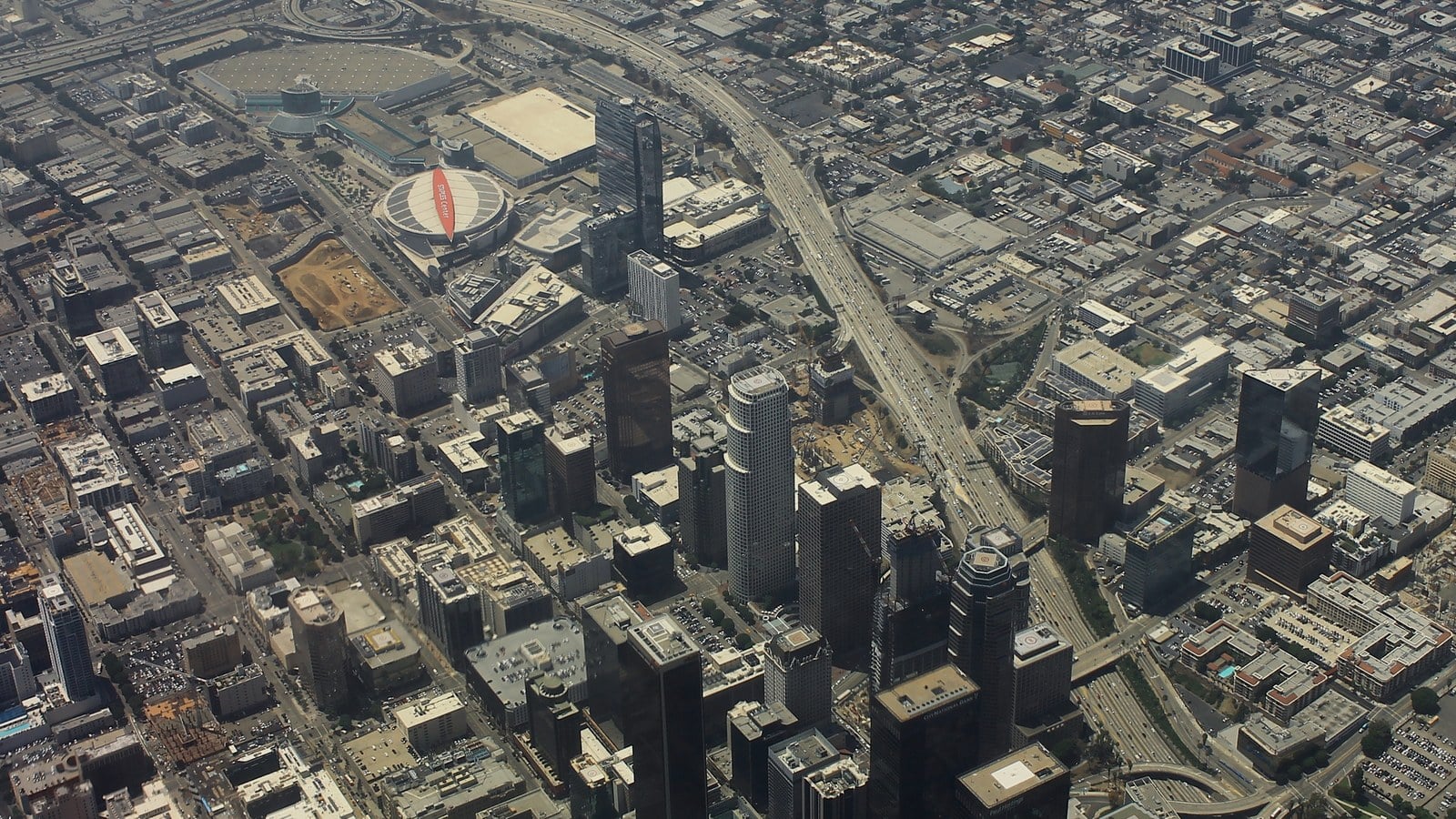 Downtown Los Angeles skyline seen from the air