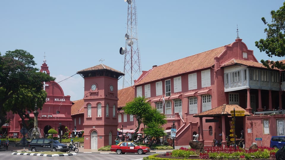 Red colonial buildings around Dutch Square in Melaka
