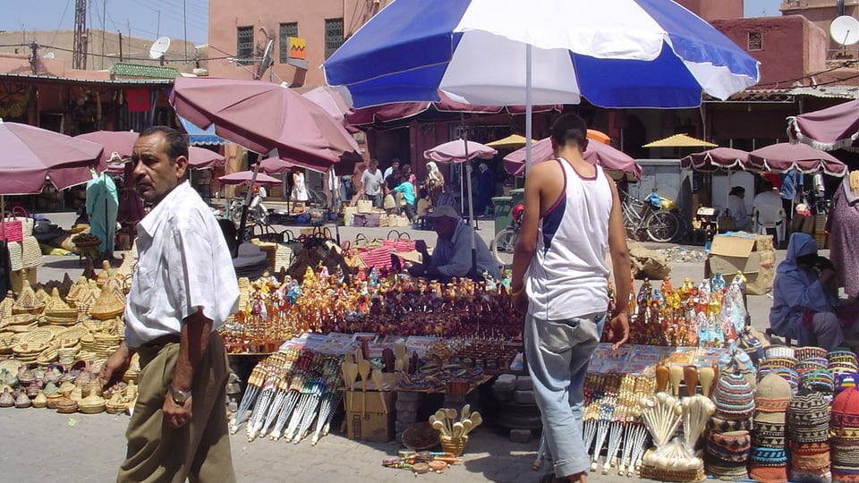 Stalls and crowds in Jemaa el-Fnaa square, Marrakech
