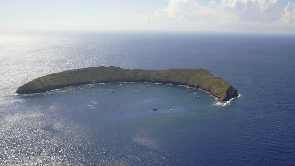 Aerial view of Molokini, a partially submerged volcanic crater off Maui