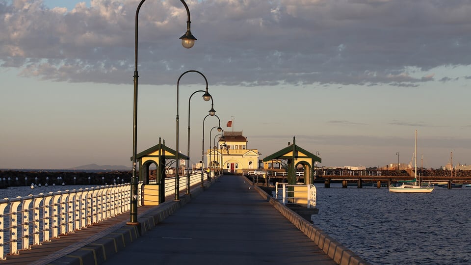 St Kilda Pier running out to its kiosk at sunset