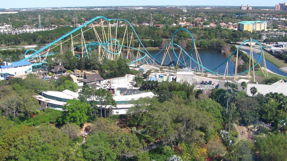 Kraken roller coaster and lakeside grounds at SeaWorld Orlando from the Sky Tower