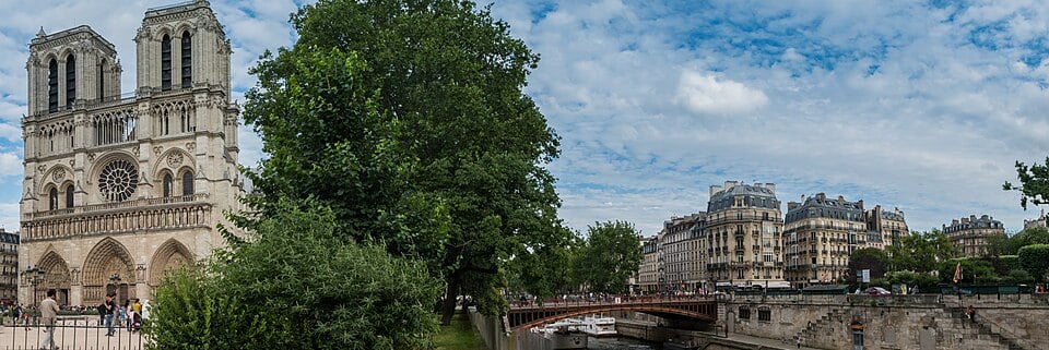 The west facade and twin towers of Notre-Dame de Paris