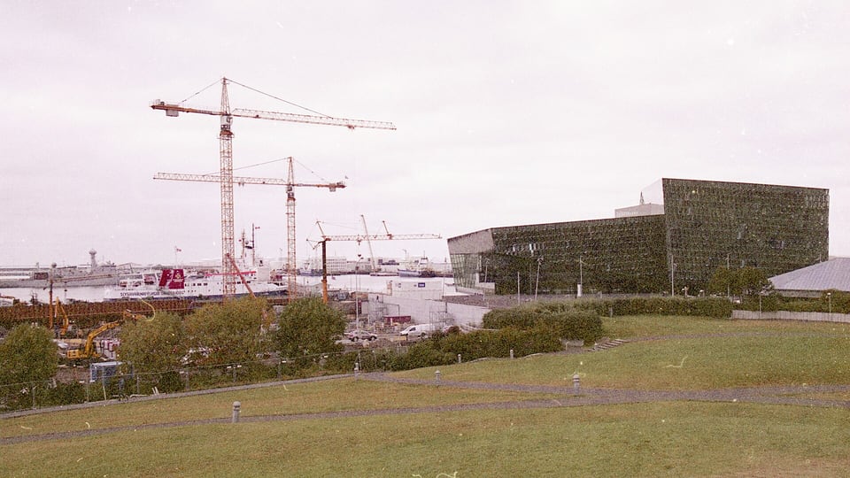 Harpa Concert Hall’s glass facade on Reykjavík’s waterfront