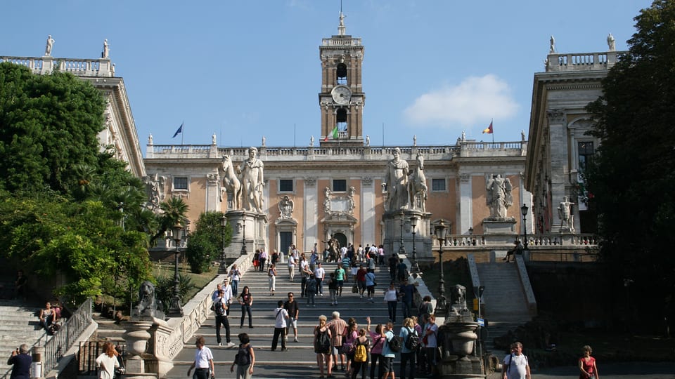 The Cordonata ramp up to Piazza del Campidoglio in Rome, with the statues of Castor and Pollux and the Palazzo Senatorio