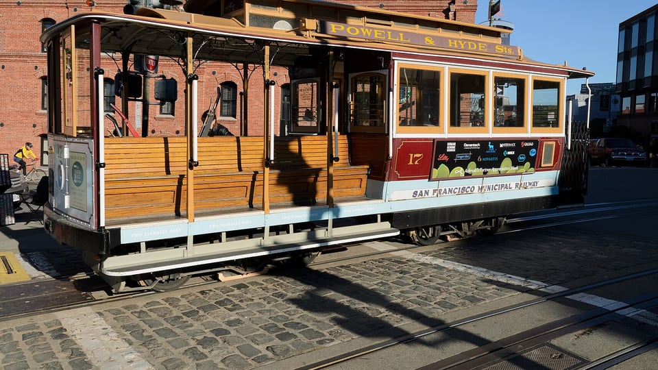 A Powell and Hyde cable car at the Hyde and Beach turntable