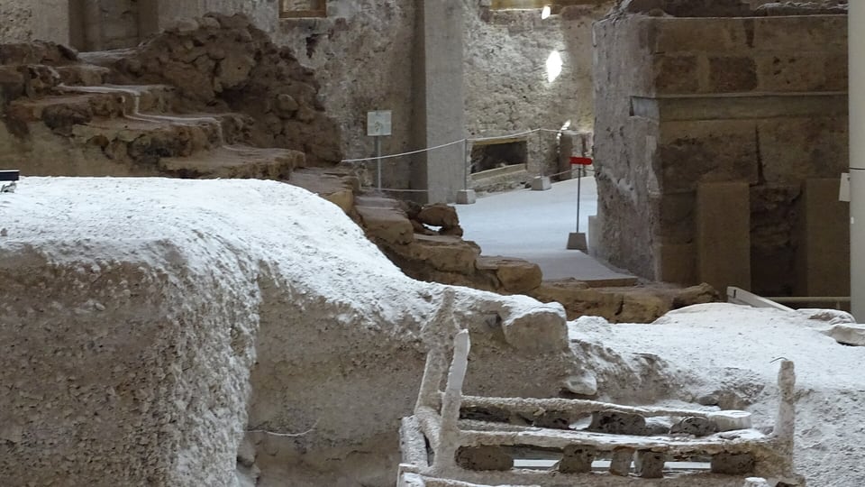 Excavated Bronze Age buildings at the Akrotiri archaeological site