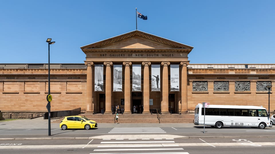 The sandstone columned facade of the Art Gallery of New South Wales on Art Gallery Road