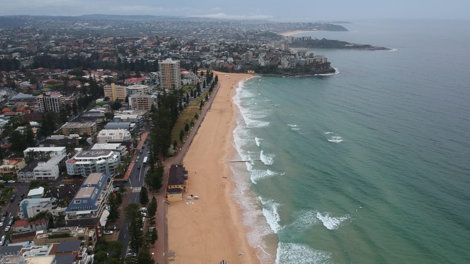 Aerial view of Manly Beach and its beachfront on the Northern Beaches of Sydney