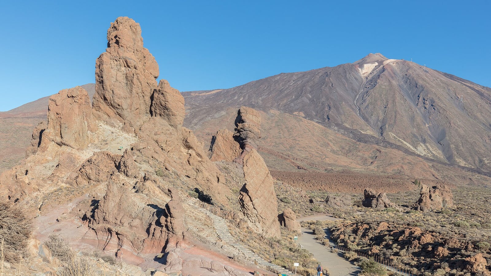 The Roques de García rock towers in front of the cone of Mount Teide inside the Las Cañadas caldera, Teide National Park