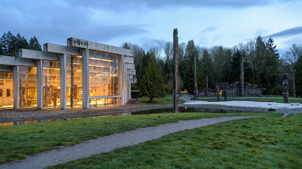 Museum of Anthropology at UBC beside its outdoor Haida houses and totem poles