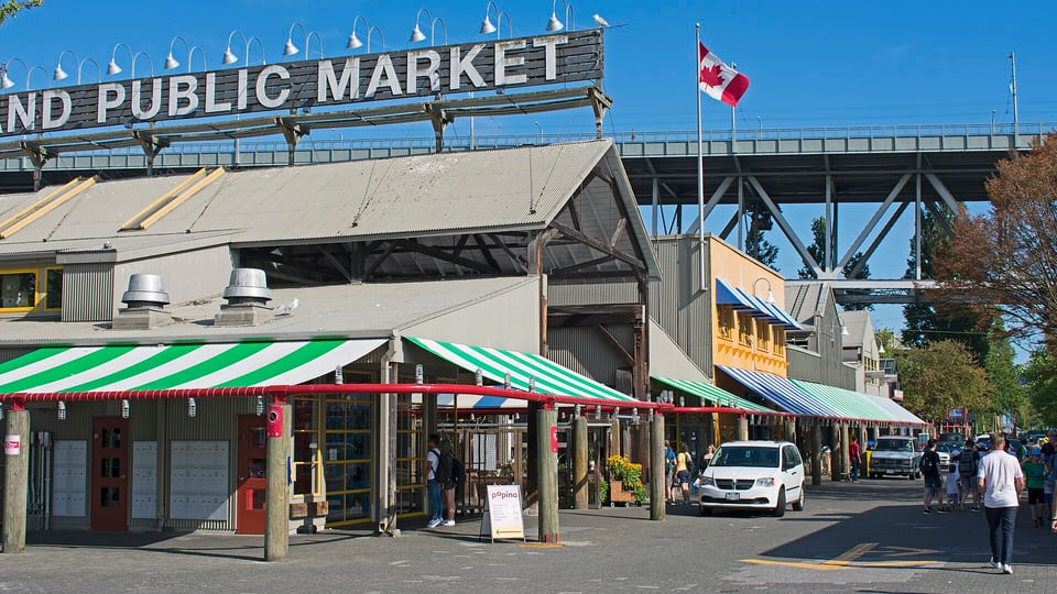 Granville Island Public Market building beneath the Granville Street Bridge